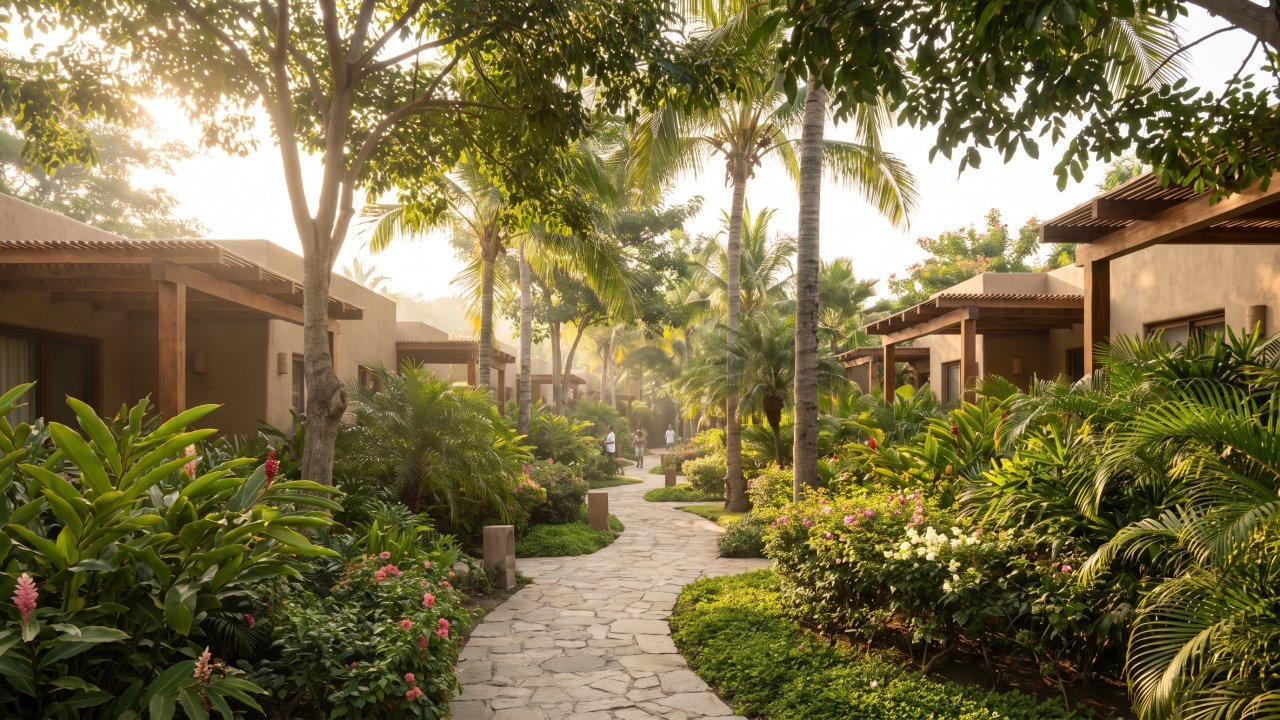 Senderos peatonales rodeados de vegetación tropical y jardines dentro de un residencial privado en Puerto Vallarta
