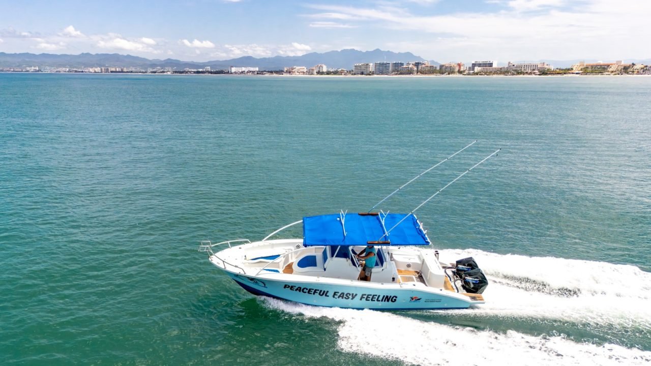 Peaceful Easy Feeling, súper panga de 32 pies, navegando por la Bahía de Banderas con la zona hotelera al fondo