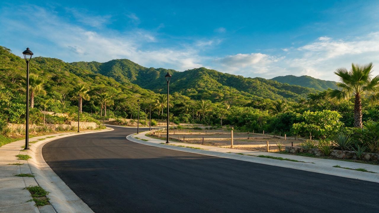 Calle pavimentada y lotes delimitados en un desarrollo residencial nuevo en las montañas de Puerto Vallarta