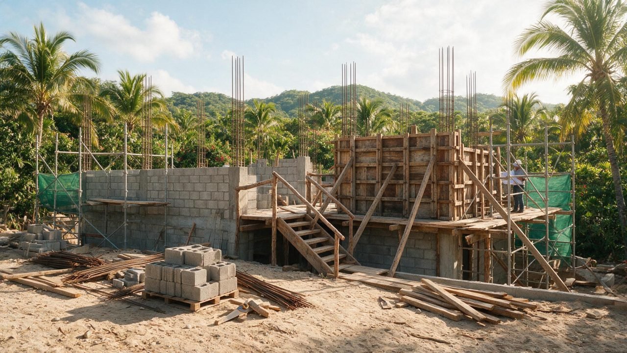 Obra en construcción de una casa contemporánea en un desarrollo residencial tropical de Puerto Vallarta