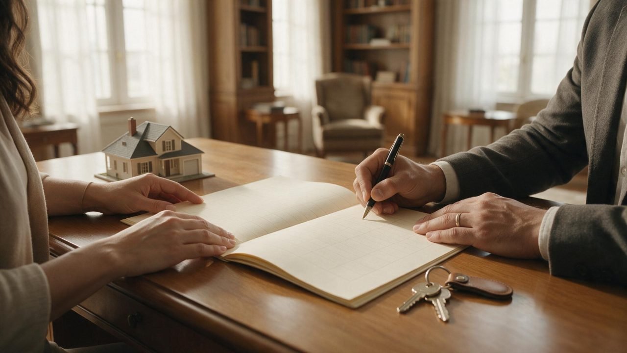 Pareja firmando la escritura de una propiedad sobre un escritorio de notaría, con llaves y una maqueta de casa