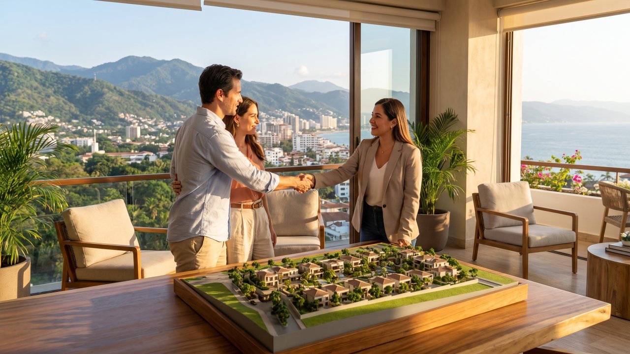 Pareja firmando un contrato de compra de terreno con un asesor inmobiliario en una oficina de ventas en Puerto Vallarta