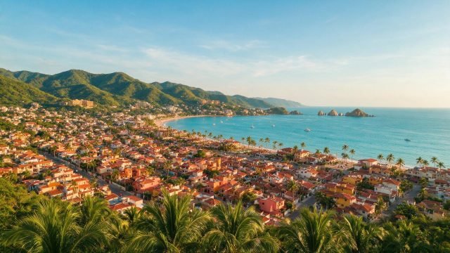 Vista panorámica de Puerto Vallarta desde las montañas, con la mancha urbana y la Bahía de Banderas al fondo