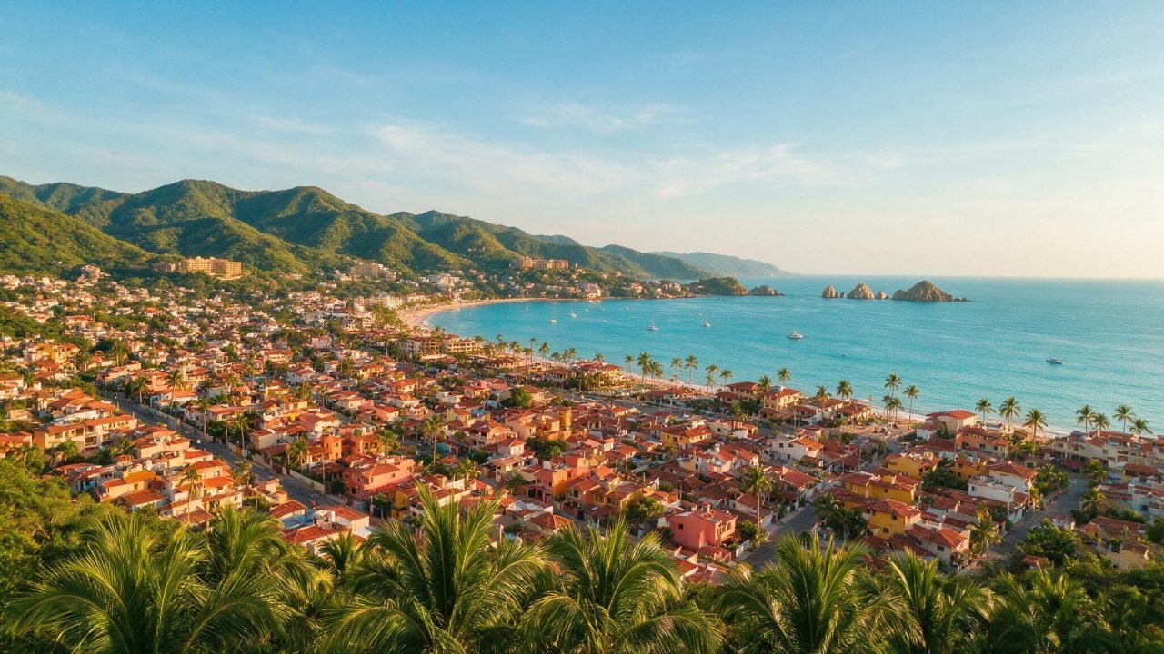 Vista panorámica de Puerto Vallarta desde las montañas, con la mancha urbana y la Bahía de Banderas al fondo