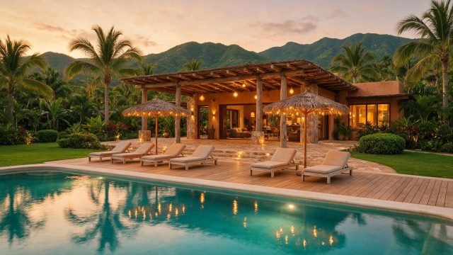 Casa club con alberca iluminada al atardecer en un residencial privado de Puerto Vallarta