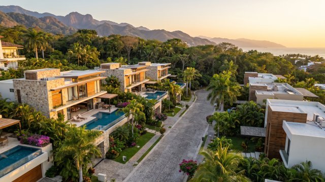 Calle residencial arbolada con casas modernas en un desarrollo tranquilo en las colinas de Puerto Vallarta