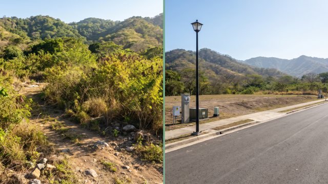 Comparación entre un predio rústico con vegetación silvestre y un lote urbanizado con calle pavimentada, banqueta y alumbrado en Puerto Vallarta