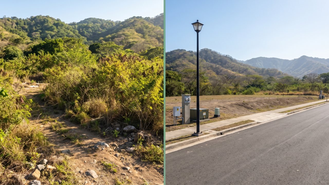 Comparación entre un predio rústico con vegetación silvestre y un lote urbanizado con calle pavimentada, banqueta y alumbrado en Puerto Vallarta